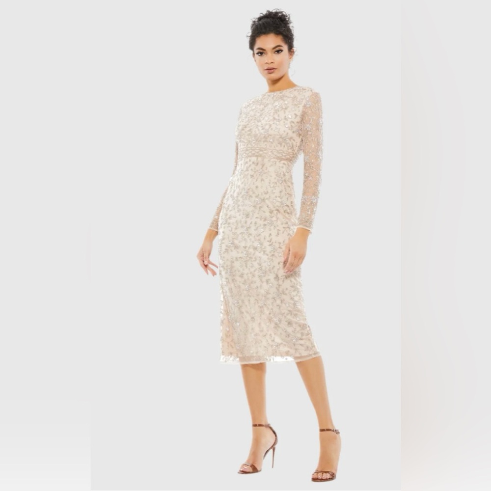 BEADED TEA LENGTH DRESS W/ SHEER SLEEVES Size 14 Color Porcelain New with Tags